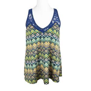Pleione Tank Top Women Small Blue Triangle Print Lace Trim Casual